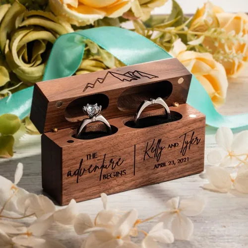 Vista 5 de Yonhi Joyeros de doble anillo con nombre personalizado, caja de anillo de madera personalizada, propuesta, compromiso, ceremonia de boda, caja