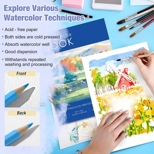 Vista 4 de Bloc de papel de acuarela de 9 x 12 pulgadas (140 libras/300 gsm) – Cuaderno de bocetos para artistas sin ácidos, papel pesado prensado en frío