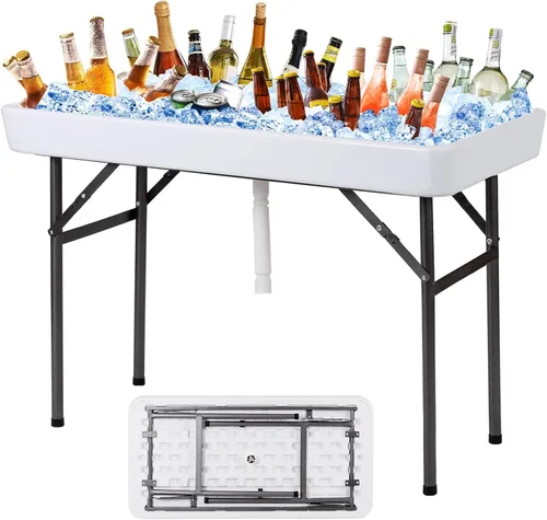 Vista 13 de Giantex Mesa enfriadora de hielo plegable, mesa de barra fría para exteriores de 46 pulgadas con drenaje, cubo plegable y falda extraíble a juego