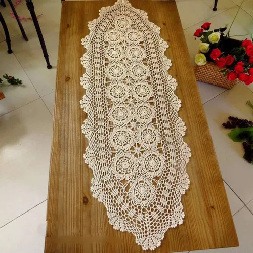 Vista 8 de Pasillos de mesa de algodón de ganchillo hechos a mano, color beige, bufandas ovaladas, 16 x 27 pulgadas.