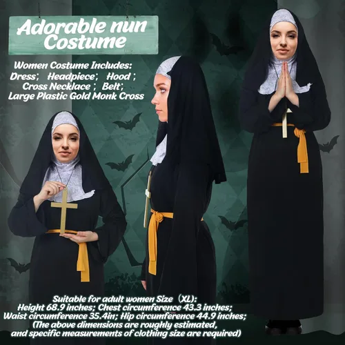 Vista 2 de Shinymoon Disfraz de sacerdote de Halloween con hábito de monja, bata de sacerdote de monja, accesorios de disfraz de cruz de monja, collar