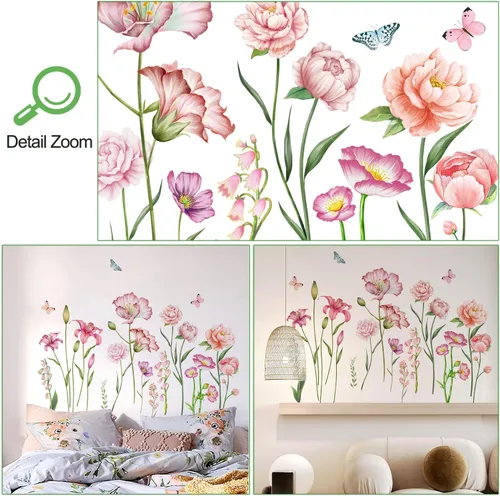 Vista 3 de Amaonm - Adhesivo de pared extraíble de flores frescas y mariposa voladora, libélula azul, rosa, lirio, amapola, peonía, floral, calcomanía de pared