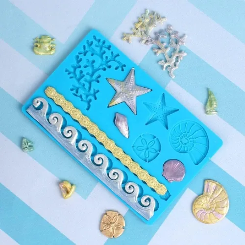 Vista 2 de Sea Shell Silicona Fondant Molds Beach Theme Cake Decorating Starfish, Coral, Conch, Sea Wave Designs, Food Grade Platinum Silicone, For
