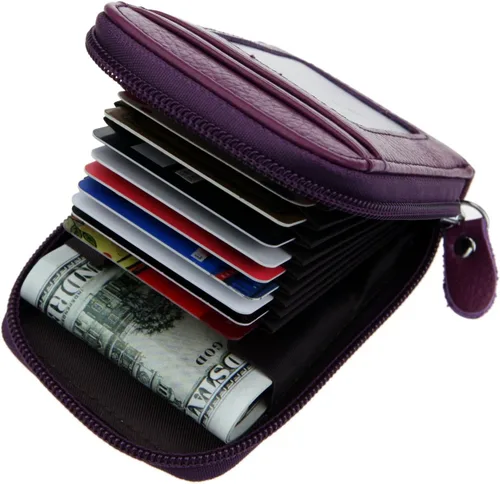 Vista 20 de RFID mini organizador de tarjetas de crédito, cuero auténtico, billetera compacta con visor de identificación, S, Negro