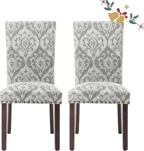 Vista 32 de Juego de 2 sillas tapizadas de tela para comedor, sillas de cocina estilo Parsons con ribete de cabeza de clavo y patas de madera - Beige