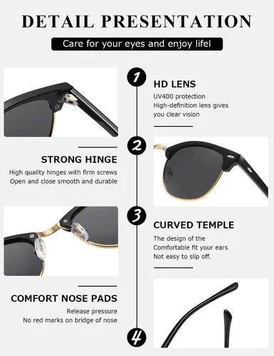 Vista 82 de AEVOGUE Gafas de sol polarizadas para mujeres y hombres semi marco retro gafas de sol AE0369
