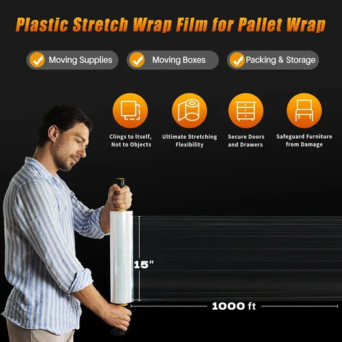 Vista 5 de Película elástica retráctil para suministros de mudanza (15 pulgadas, 2 unidades) x 1000 pies, rollo elástico de plástico de resistencia industrial