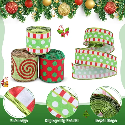 Vista 5 de 3 rollos de cinta de Navidad con alambre de 30 yardas, cinta de envoltura de Navidad roja y verde lima, 2.56 pulgadas de ancho, cintas de tela