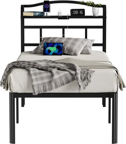 Vista 6 de YORMDMO Base de cama individual – Base de cama de metal resistente con estación de carga de cabecero de almacenamiento, fácil montaje, no necesita
