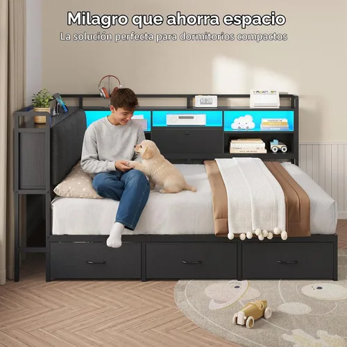 Vista 7 de Estructura de cama de esquina completa con 4 cajones, estantería y cabecero Negro