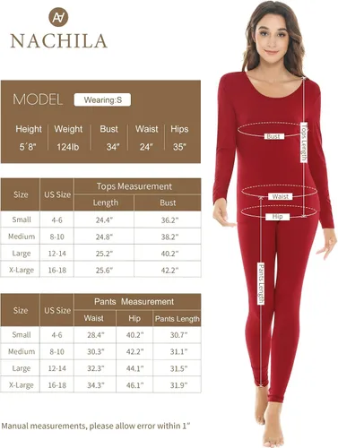 Vista 2 de NACHILA Conjunto de ropa interior térmica de bambú para mujer, suave, largo, conjunto de pijama de capa base, pijamas de manga larga, tallas S-XXL