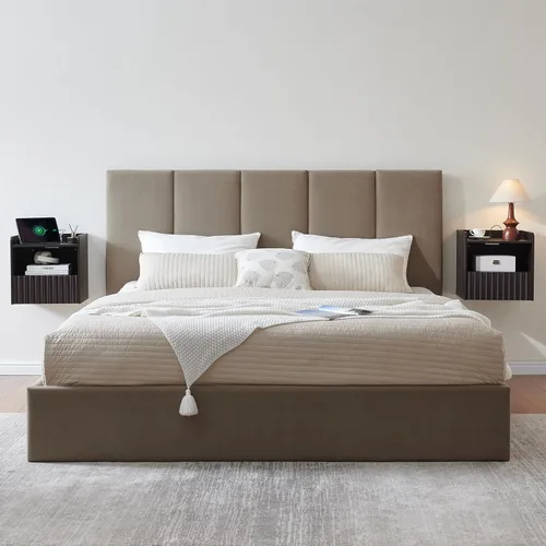 Vista 9 de BuildHom Moderna mesita de noche flotante acanalada montada en la pared, juego de 2 mesitas de noche con cajón de almacenamiento y estante