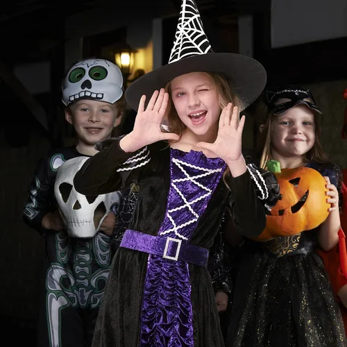 Vista 5 de Knowfunn Disfraz de bruja para niñas, disfraz de bruja de cuento de hadas para Halloween, disfraz de fiesta de Halloween