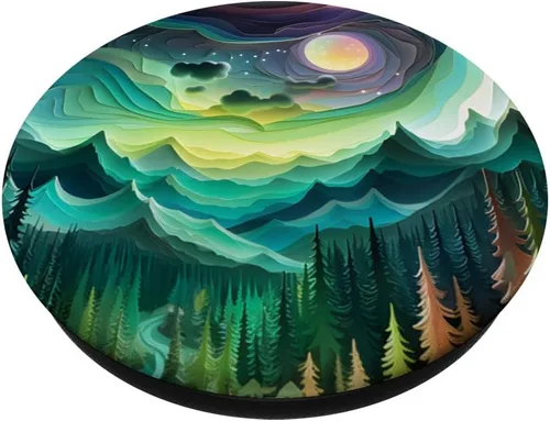Vista 2 de Bosque de la aurora boreal Moonlight Aurora PopSockets PopGrip intercambiables de papel