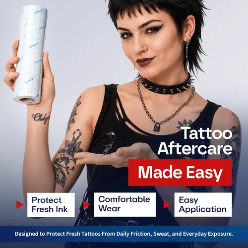 Vista 3 de Vendaje impermeable para el cuidado posterior del tatuaje, vendaje en rollo de película transparente de 10 pulgadas x 3.3 yardas, adhesivo elástico