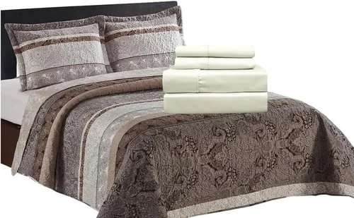 Vista 5 de sheetsnthings Juego de ropa de cama de 7 piezas tamaño Queen - Colcha ligera de color gris pardo calisto con sábanas de microfibra marfil sólido