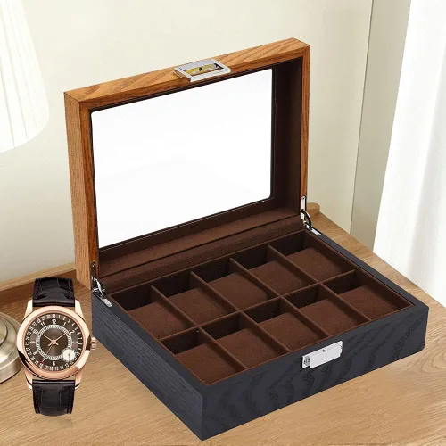 Vista 2 de Fetcoi Caja de reloj con 10 ranuras para reloj, de madera+tela de terciopelo para reloj organizador de relojes para hombres y mujeres, color negro