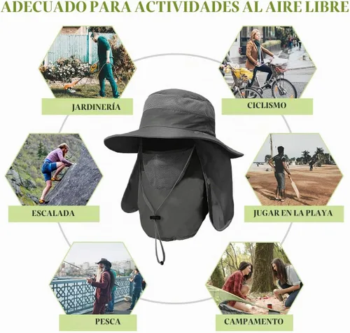 Vista 6 de Sombrero de pesca de ala ancha para hombre, 2 piezas, protección solar UPF 50+, extraíble, solapa para cara y cuello Gris oscuro y caqui