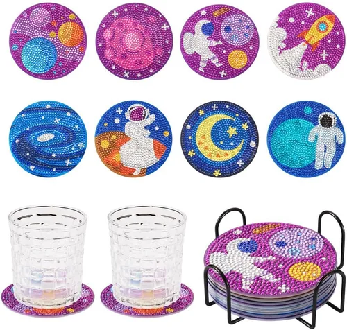 Vista 9 de FASHEWELRY 8 posavasos de arte de diamante con soporte para abejas, kit de posavasos de pintura de diamantes para bebidas, kits de arte de diamantes