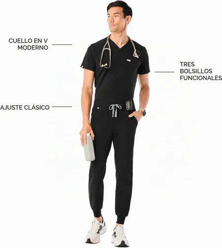 Vista 3 de FIGS Leon - Camiseta médica para hombre, 3 bolsillos, ajuste a medida, cuello en V moderno, elástico en 4 direcciones, absorbe la humedad BLK