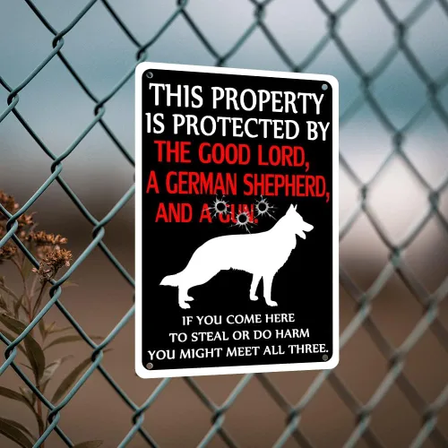 Vista 7 de Letrero de Metal Cuidado con el Perro - Letreros de Advertencia Divertidos para Propiedad Protegida por Pastores Alemanes - Letrero de Hojalata