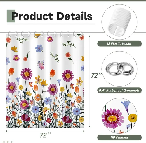 Vista 6 de Moutina Juego de cortinas de ducha de flores silvestres para baño, decoración de baño de primavera y verano, 72 x 72 pulgadas, cortina de ducha
