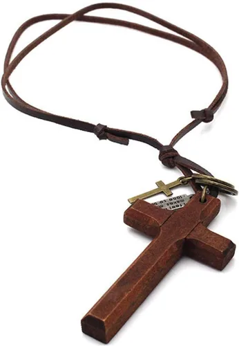 Vista 8 de LNKRE JEWELRY Collar de cruz para hombre con cadena de cuero, collar de madera de aspecto vintage Negro
