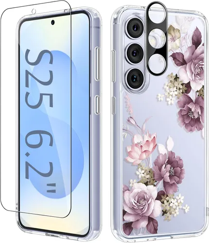 Vista 46 de GVIEWIN Funda protectora para Samsung Galaxy S25, transparente floral, delgada, a prueba de golpes, para mujer, no se pone amarilla, con protector