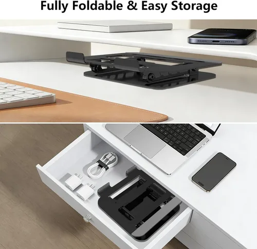 Vista 5 de Soporte ajustable para laptop, base de metal ultra estable, elevador plegable ergonómico para computadora de escritorio, compatible con MacBook Negro