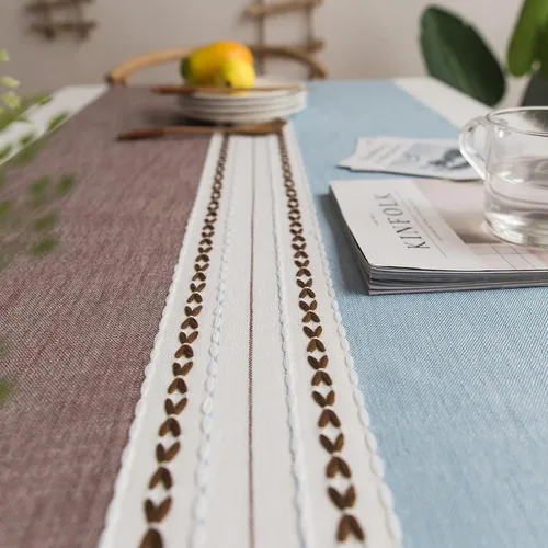 Vista 4 de Mantel rústico bordado con borla, lino de algodón sin arrugas, antidecoloración, lavable, a prueba de polvo, para comedor, cocina, fiesta, Azul