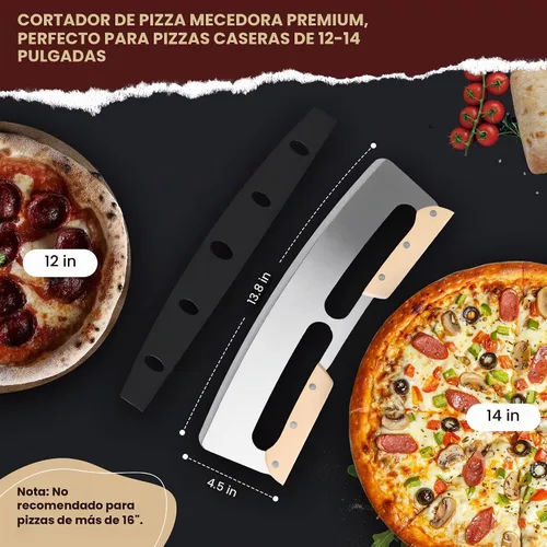 Vista 3 de Cortador de pizza balancín con mango de madera, cortador balancín de pizza premium de 14 pulgadas con hoja de acero inoxidable afilada y cubierta