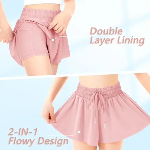 Vista 4 de Pantalones cortos deportivos de mariposa para niñas, pantalones cortos fluidos con bolsillo 2 en 1, pantalones cortos para correr, entrenamiento