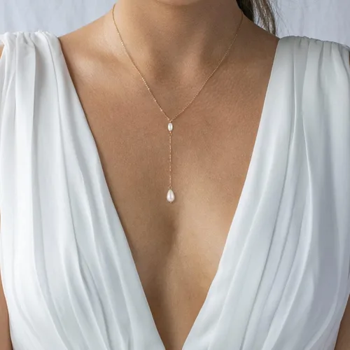 Vista 4 de Collares de perlas para mujer, chapado en oro real de 14 quilates, delicado collar de perlas para mujer, collar de cadena de perlas hecho a mano