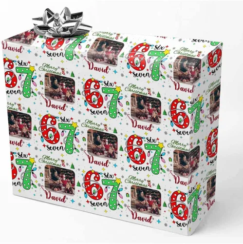 Vista 8 de Papel de regalo personalizado con fotografía, “Merry Christmas” con sombrero de Navidad, papel de regalo personalizado “Happy Birthdays” con nombre