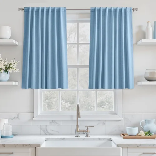 Vista 63 de UHITECH Cortinas cortas de lino de 24 pulgadas de largo para ventanas pequeñas de granja, cortinas opacas modernas para sala de estar, pestañas