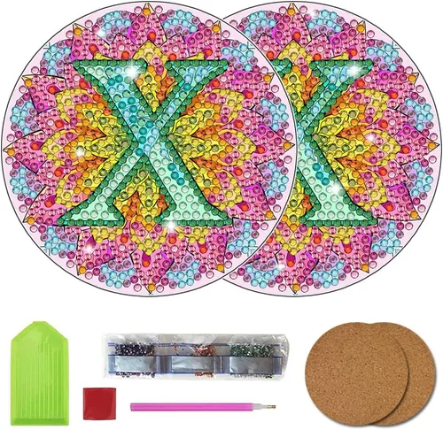 Vista 26 de Bysincy Juego de 2 posavasos de pintura de diamantes de 26 letras A-Z, 5D, arte de diamante, mosaico, alfabeto, kit por número para adultos y niños