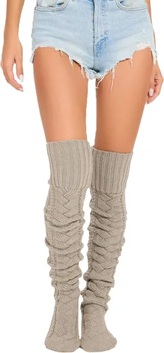 Vista 7 de YELAIVP Calcetines altos de punto trenzado para mujer, calcetines por encima de la rodilla, calentadores de piernas extra largos