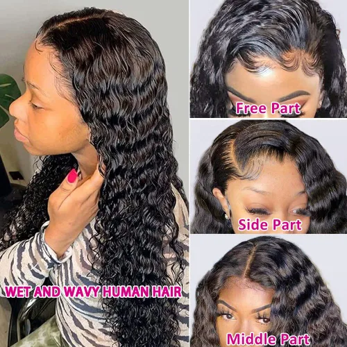 Vista 4 de Peluca de cabello humano con malla frontal sin pegamento, con ondulado profundo y textura húmeda, encaje frontal transparente, premarcadas