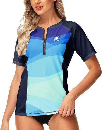 Vista 5 de AOBUTE Camiseta de natación de manga corta con cremallera UPF 50+ para mujer