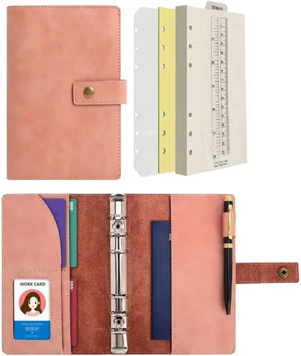 Vista 12 de WONDERPOOL Cuaderno de cuero recargable, cuaderno en espiral, carpeta de carpetas de diario A5 con puntos y bolsillos interiores para viajes, Marrón