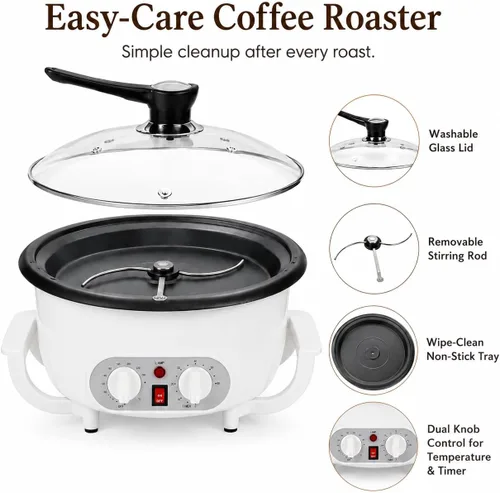 Vista 4 de Tostador de café mejorado para uso doméstico, tostador de granos de café eléctrico de 110 V con temporizador, tostadora de 1200 W, tostadora de café