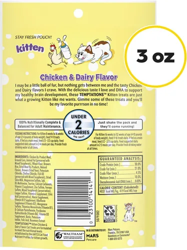 Vista 9 de Temptations Kitten Crunchy and Soft Cat Treats sabor pollo y lácteos, bolsa de 3 onzas, (paquete de 12)