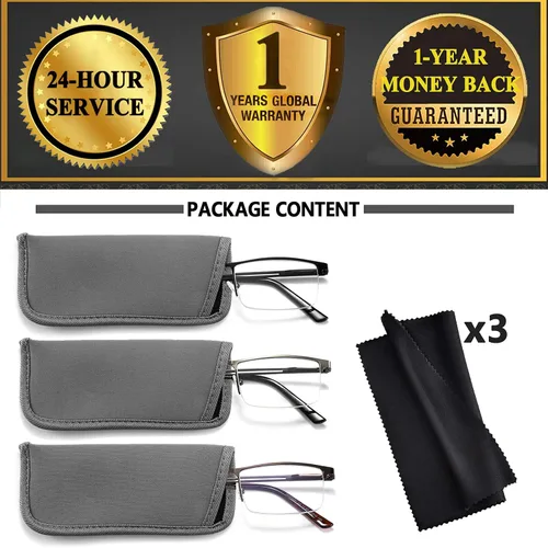 Vista 6 de Paquete de 3 lentes de lectura con luz azul para hombres, lectores rectangulares de metal ligero sin montura para hombres, antifatiga ocular, Negro