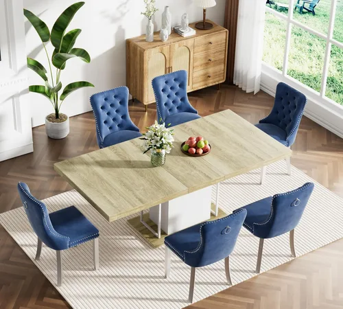 Vista 83 de Juego de mesa de comedor extensible marrón de 63 a 78.74 pulgadas para 4, juego de mesa de comedor de 5 piezas con 4 sillas, mesa de cocina