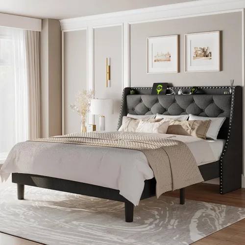 Vista 8 de Feonase - Base de cama tamaño completo con respaldo de alas de lujo y estación de carga rápida, base de cama tapizada con botones y cabecera
