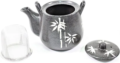 Vista 3 de Infusor de té y tetsubin de cerámica japonesa de bambú negro de 6 "con mango de ratán juego de té