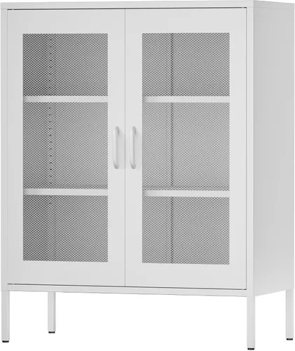 Vista 25 de Gabinete de almacenamiento de metal ancho negro, gabinete de acento de 2 puertas para el hogar y la oficina, gabinete de metal bajo de 2 niveles