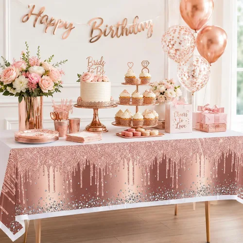 Vista 4 de 3 manteles desechables de polietileno de 71 x 42 pulgadas con diamantes, color oro rosa, para cumpleaños, bodas, baby shower, aniversario, fiesta