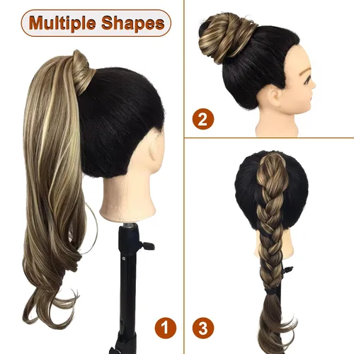 Vista 5 de Chicmoi Extensión de Cola de Caballo Negra de 32 Pulgadas Flexible, Envolvente, Extensiones de Cabello Ondulado Largo para Mujeres y Niñas, Cabello