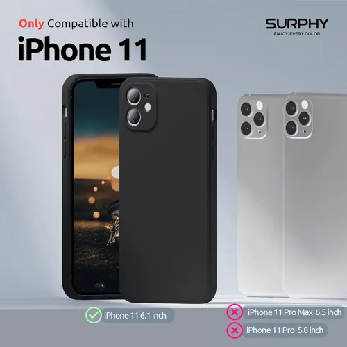 Vista 2 de SURPHY Diseño para iPhone 11 con protección de cámara, diseño delgado de borde recto, funda de silicona líquida para iPhone 11 de 6.1 pulgadas, negro